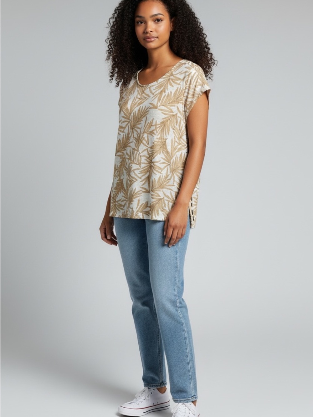 NICOLE MILLER womens linen Cream and Tan Leaf Print Short Sleeve Top medium